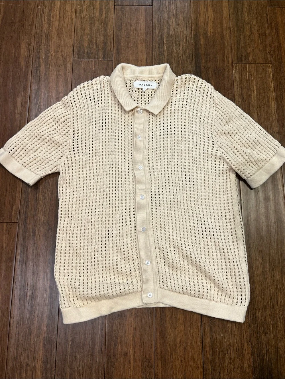 Pacsun White Open Knit BUTTON SHIRT 2.0 Woven Camp short Sleeves Collared Mens M